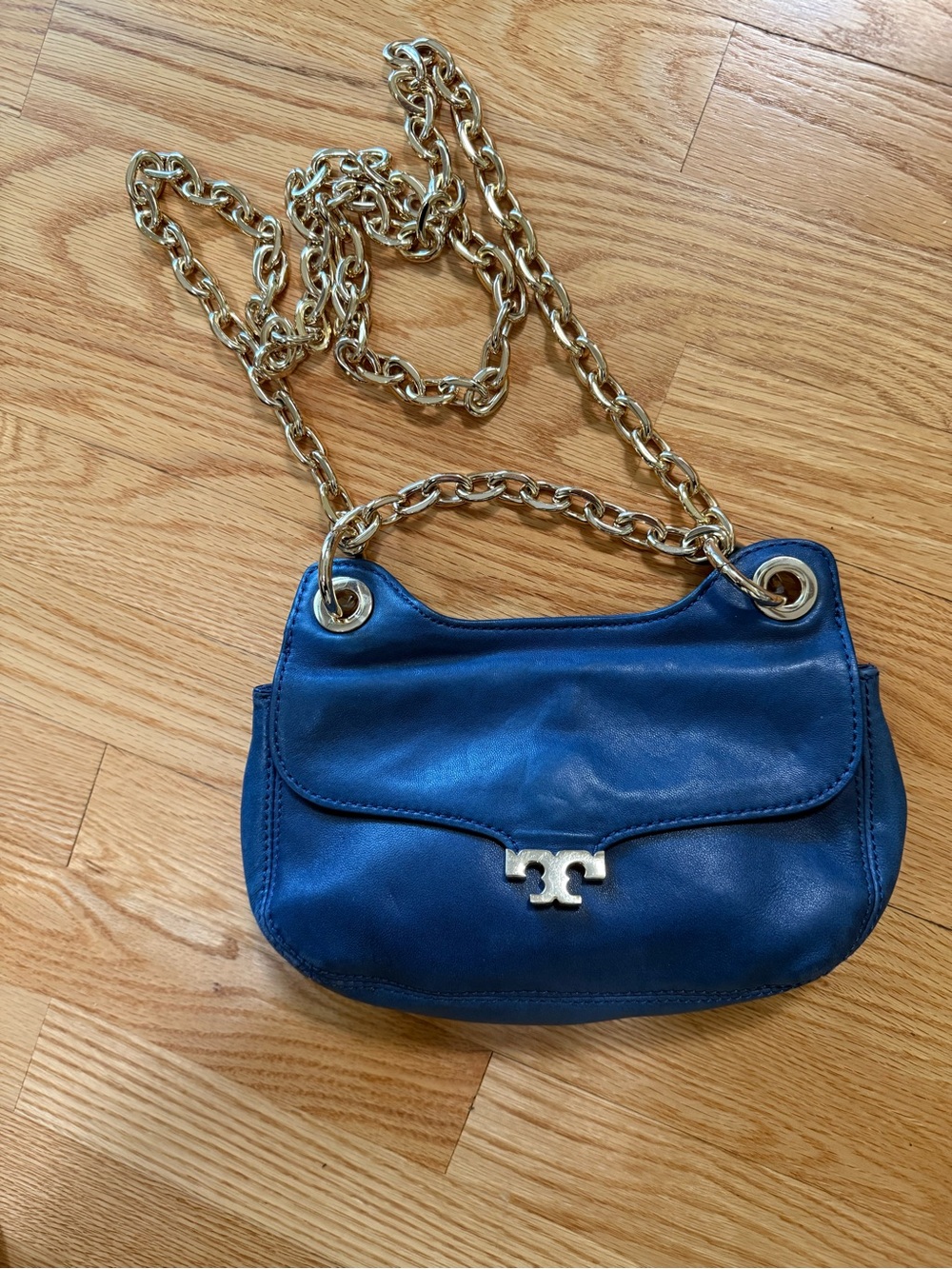 Tory Burch Navy Blue Leather Crossbody with Gold Chain